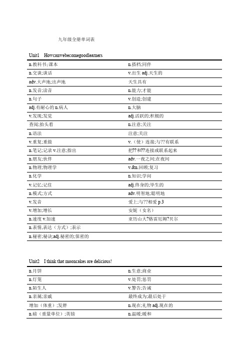 人教版九年级英语单词汉译英