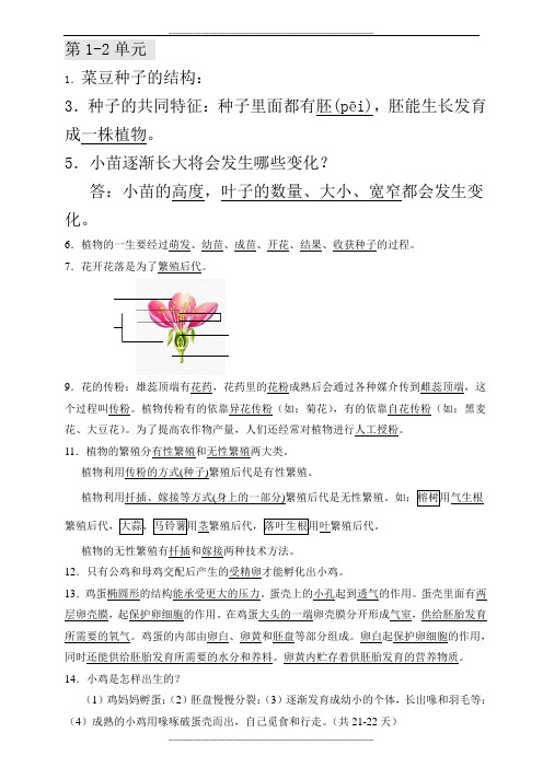 湘版小学科学四年级下册复习提纲