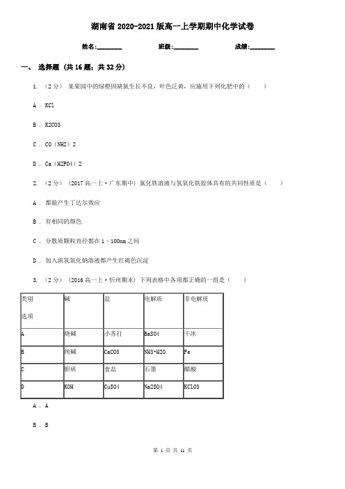 湖南省2020-2021版高一上学期期中化学试卷