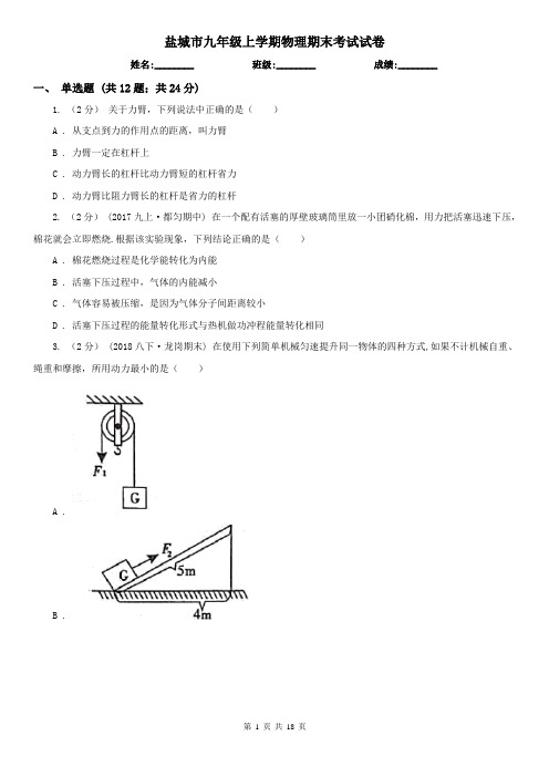 盐城市九年级上学期物理期末考试试卷