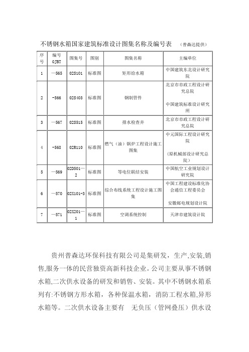 不锈钢水箱国家建筑标准设计图集名称及编号表