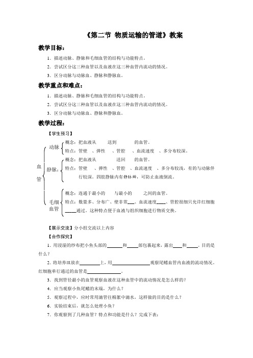 鲁科版生物七年级上册 第四单元第四章《第二节 物质运输的管道》教案2