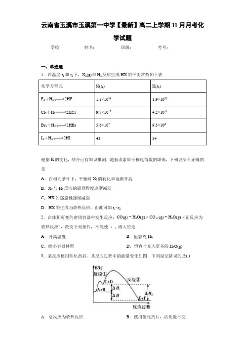 云南省玉溪市玉溪第一中学高二上学期11月月考化学试题