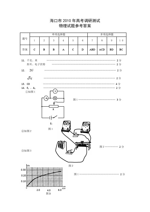 2010年海南省海口市高考调研测试(物理)试题答案