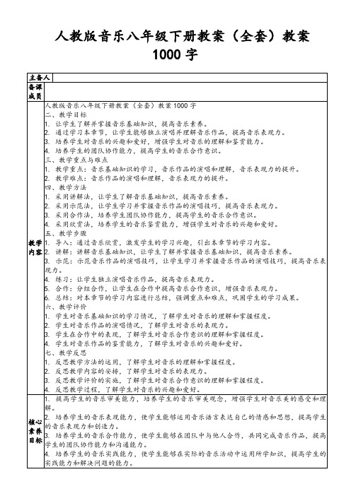 人教版音乐八年级下册教案(全套)教案1000字