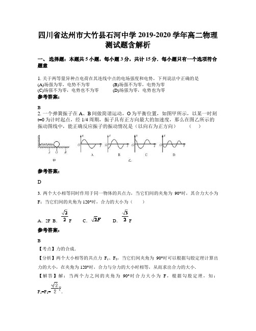 四川省达州市大竹县石河中学2019-2020学年高二物理测试题含解析