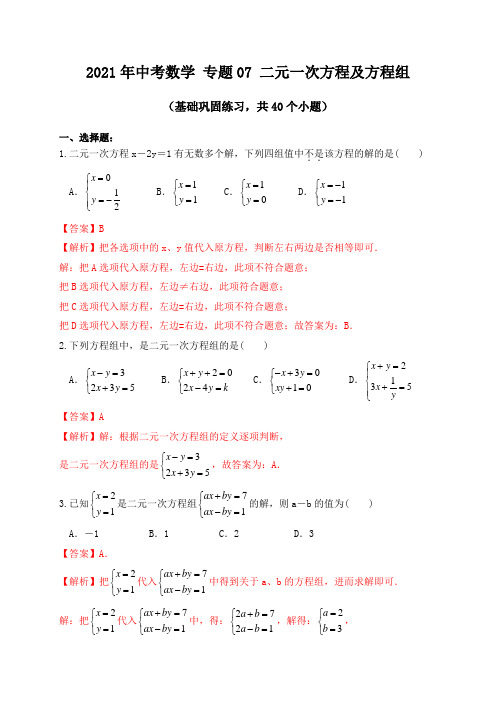 专题07二元一次方程及方程组(基础巩固练习) 解析版