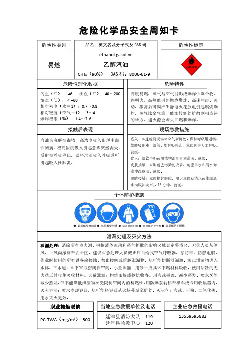 乙醇汽油危险化学品安全周知卡