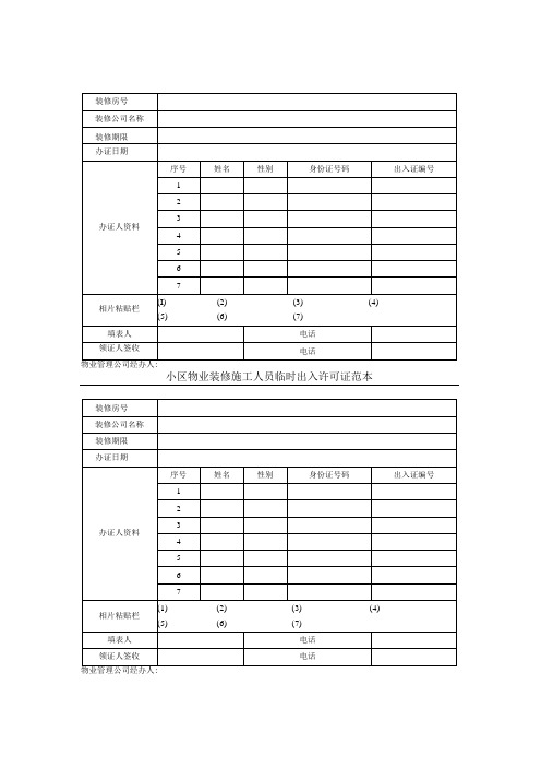 小区物业装修施工人员临时出入许可证范本