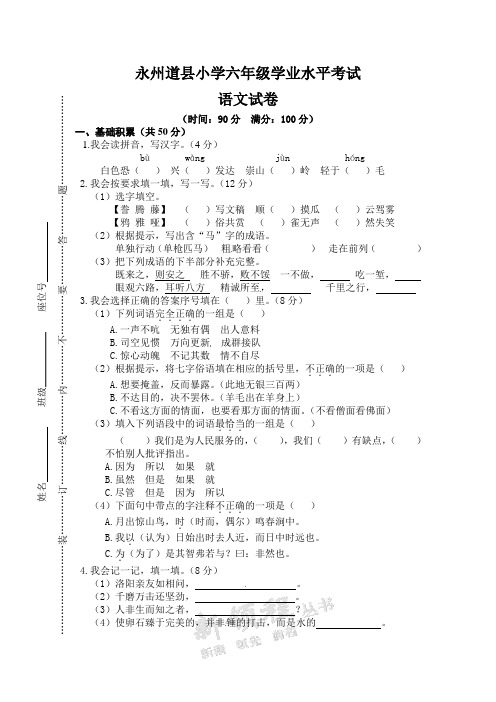 人教新课标版六年级下册语文试题-学业水平考试17-18永州道县小学人教新课标含答案