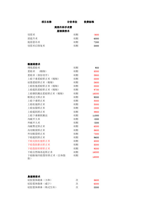 医美整形外科价格体系表