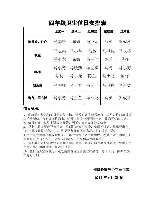 四年级卫生值日安排表