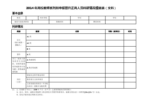 2014年高校教师系列拟申报晋升正高人员科研情况摸底表(文