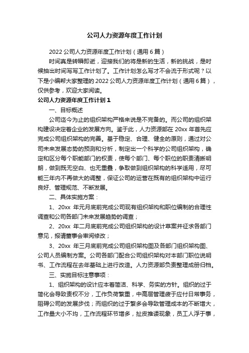 2022公司人力资源年度工作计划（通用6篇）