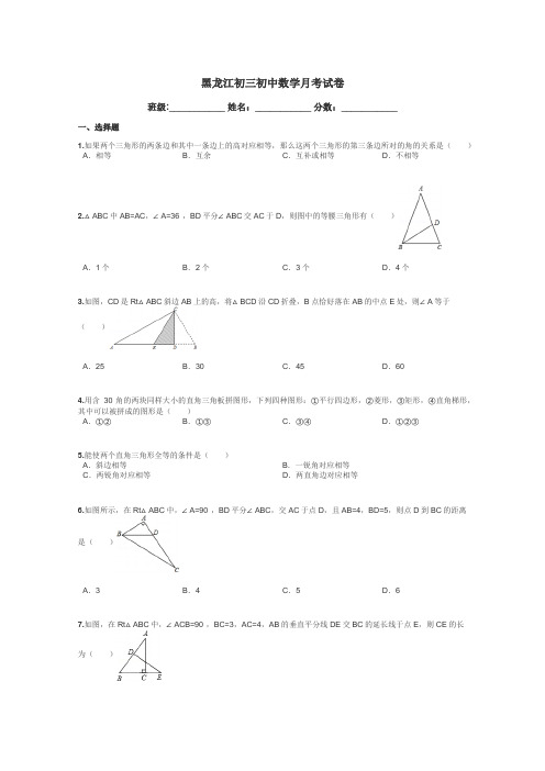 黑龙江初三初中数学月考试卷带答案解析
