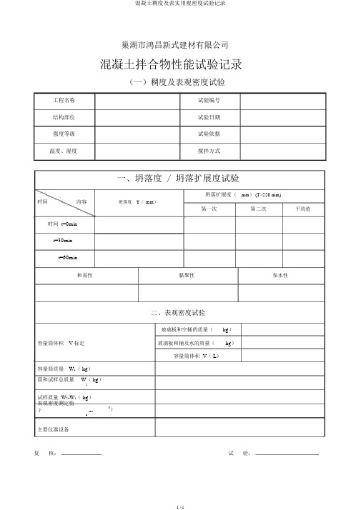 混凝土稠度及表实用观密度试验记录