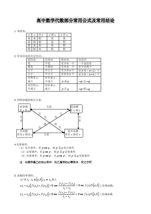 高中数学代数部分常用公式及常用结论