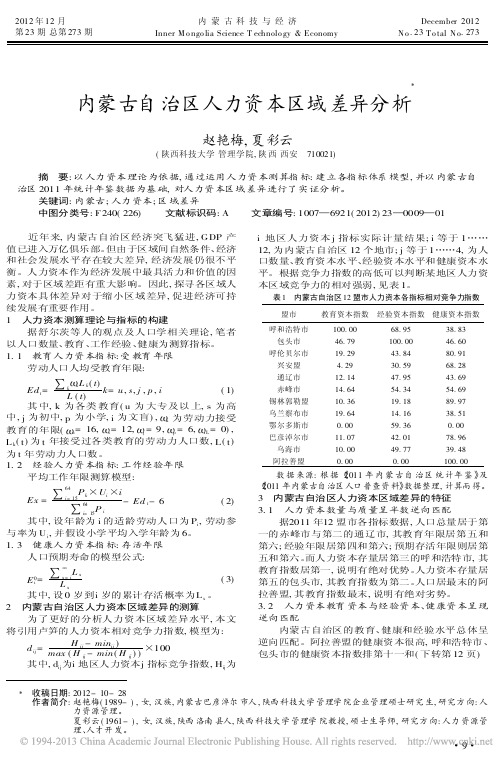 内蒙古自治区人力资本区域差异分析赵艳梅