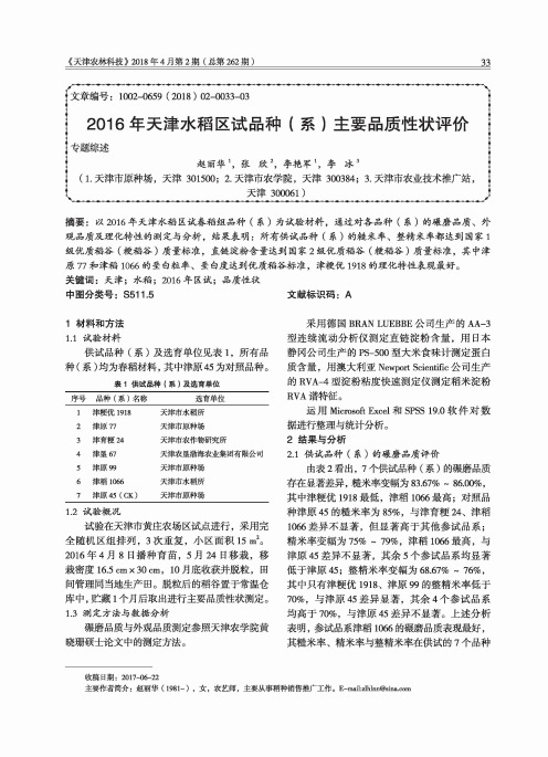 2016年天津水稻区试品种(系)主要品质性状评价