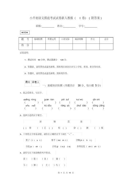 小升初语文摸底考试试卷新人教版(I卷)(附答案)