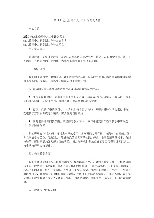 2019年幼儿教师个人工作计划范文3篇.doc