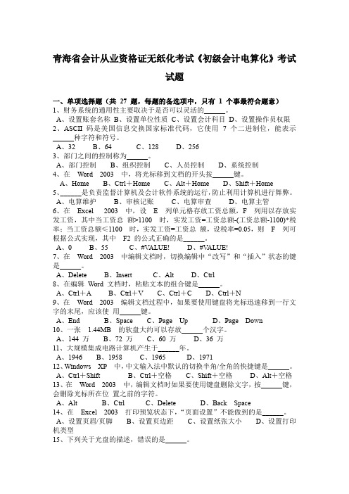 青海省会计从业资格证无纸化考试《初级会计电算化》考试试题