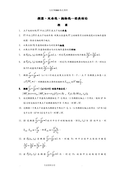 2018年圆锥曲线常用结论(无需记忆-会推导即可)