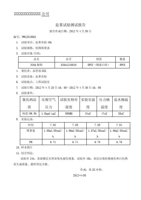 盐雾试验测试报告-范本