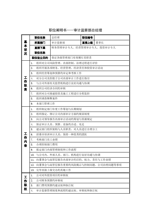 审计监察部总经理岗位专项说明书