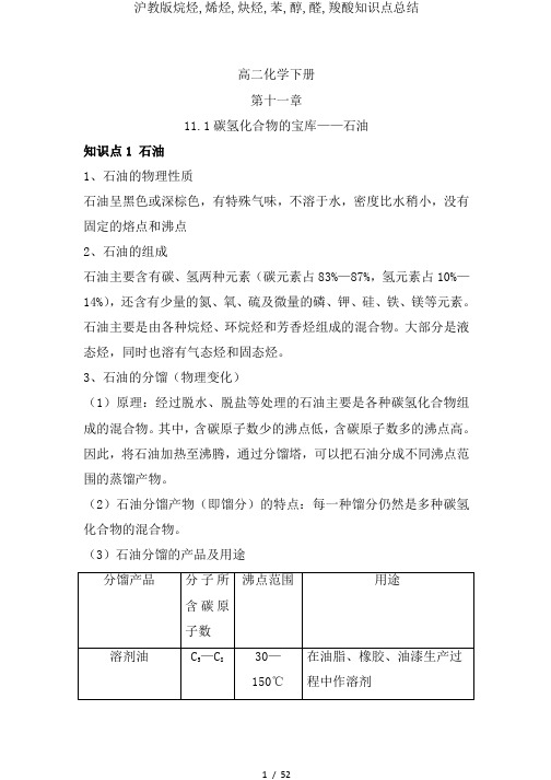 沪教版烷烃,烯烃,炔烃,苯,醇,醛,羧酸知识点总结