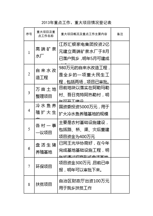 2013年重点工作、重大项目情况登记表