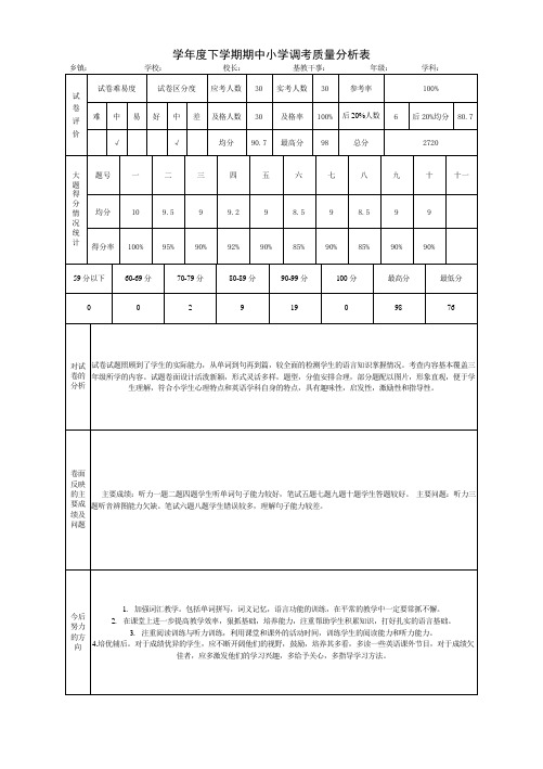 人教版下册三年级英语期中质量分析样表