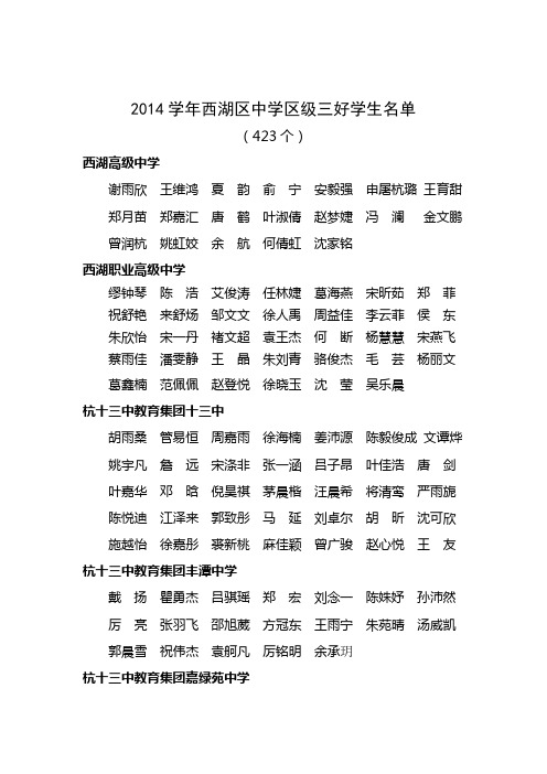 2014学年西湖区中学区级三好学生名单(423个)西湖高级中学谢雨欣