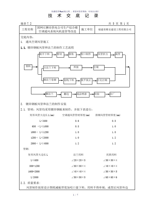 通风与空调工程系统安装技术交底(参考模板)