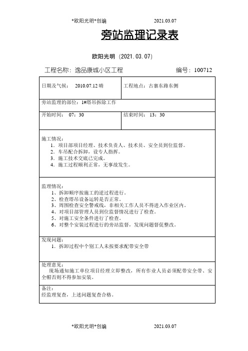 2021年塔吊拆除旁站记录