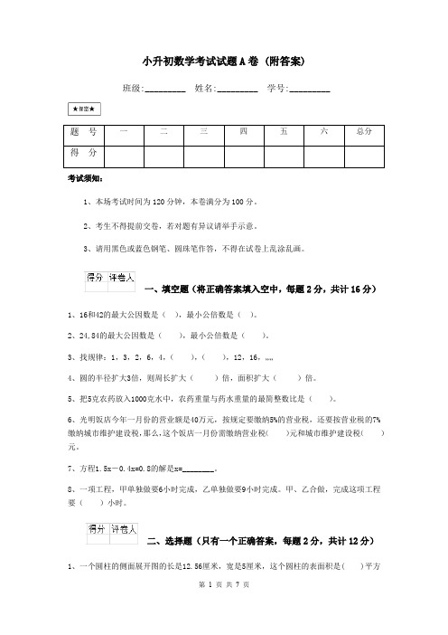 小升初数学考试试题A卷 (附答案)