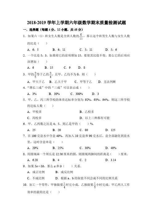 2018-2019上学期六年级数学完整版