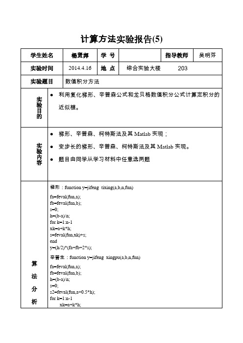 matlab计算方法实验报告5(数值积分)