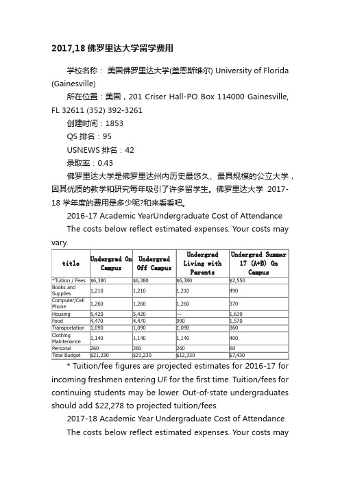 2017,18佛罗里达大学留学费用