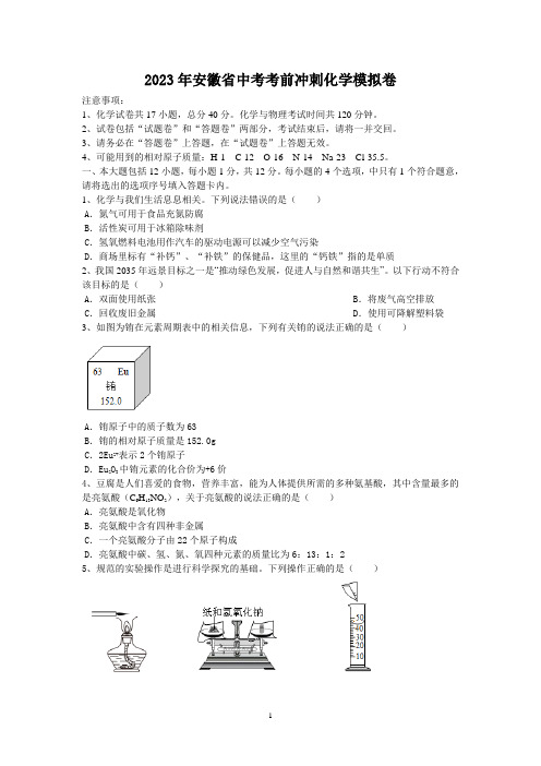 2023年安徽省中考考前冲刺化学模拟卷及参考答案