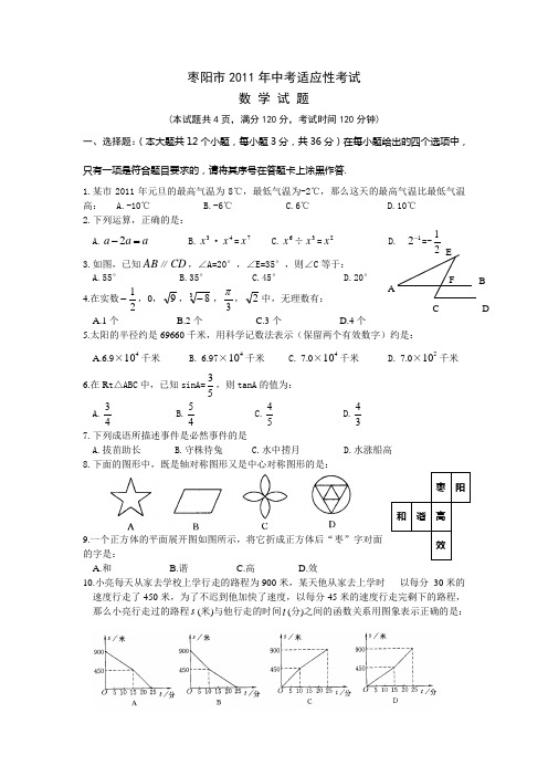 枣阳市中考适应性考试数学试题及答案