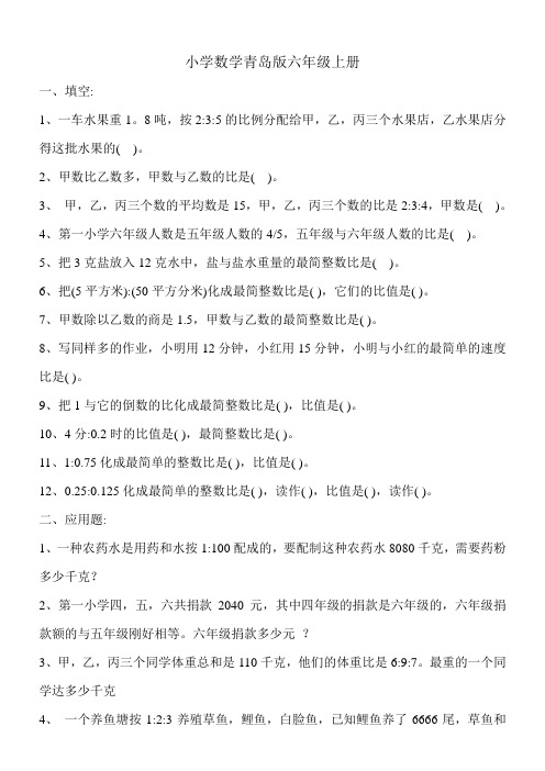 小学数学青岛版六年级上册比的练习题