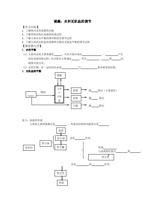 江苏省徐州市王杰中学高一生物《课题水和无机盐的调节》导学案