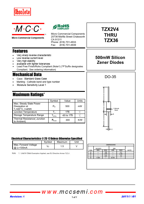 TZX2V4至TZX36 500mW Silicon Zener 二极管说明书