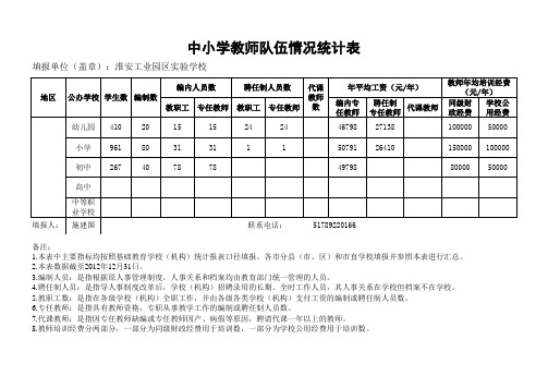 中小学教师队伍情况统计表(淮安工业园区实验学校)