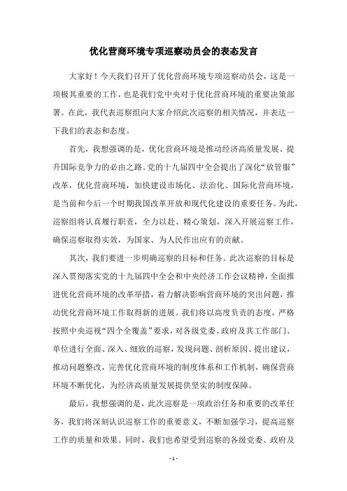 优化营商环境专项巡察动员会的表态发言