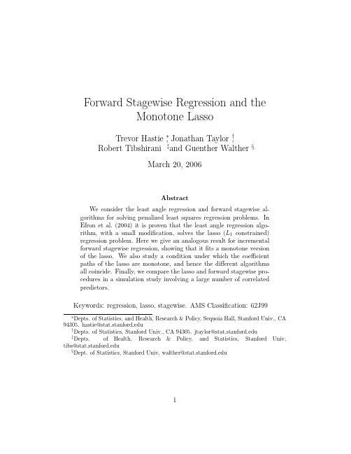 Forward stagewise regression and the monotone lasso