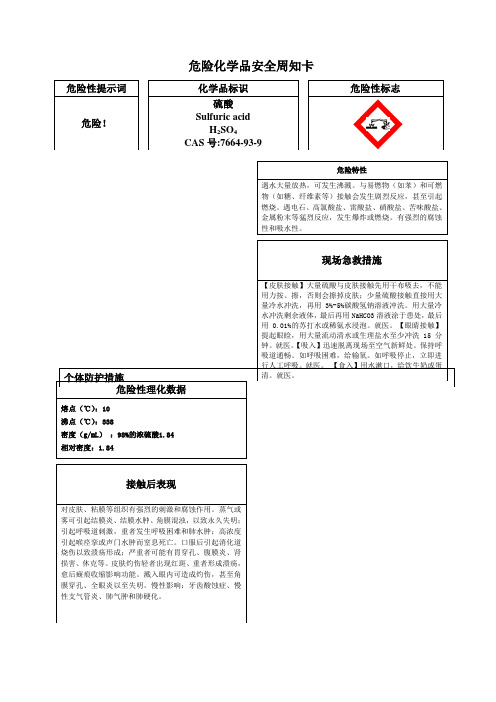 危险化学品硫酸安全周知卡