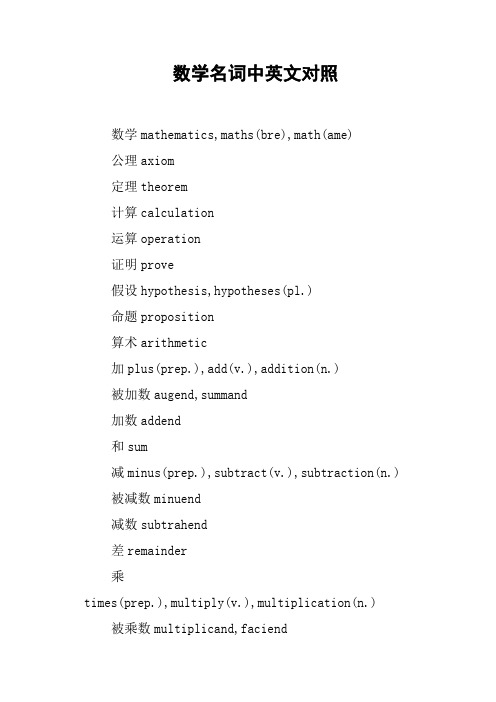 数学名词中英文对照