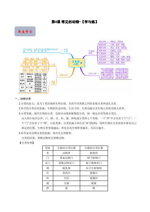 第4课 常见的动物-【学与练】2024-2025学年七年级科学上册学练测(浙教版)(原卷版)